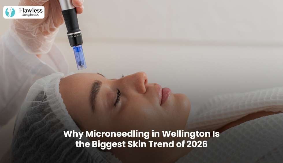 Woman getting microneedling facial treatment in Wellington clinic