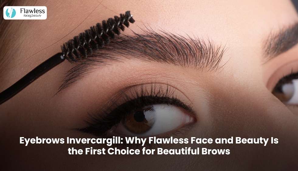 Beauty therapist shaping a client's eyebrows at Flawless Face and Beauty in Invercargill.