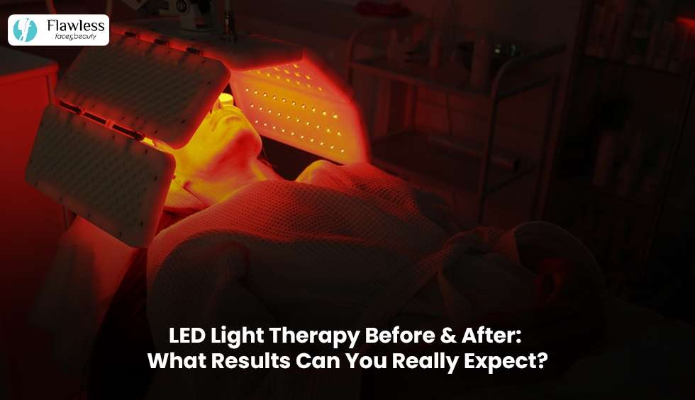LED light therapy before and after comparison showing improved skin tone, reduced acne, smoother texture, and healthier glowing skin after treatment.