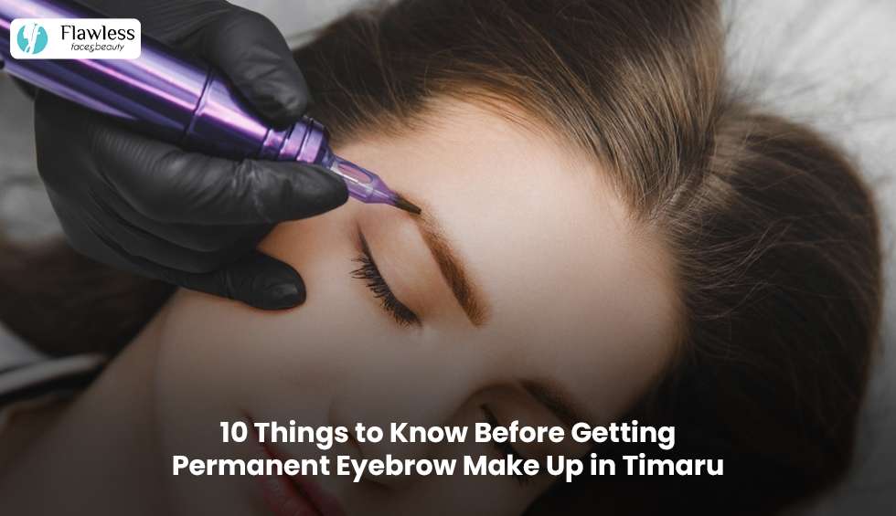 Beauty technician performing permanent eyebrow make up on a client in a professional Timaru beauty clinic.