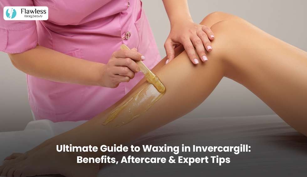 Professional beauty therapist performing a leg waxing treatment in Invercargill salon with high-quality wax for smooth, long-lasting hair removal.